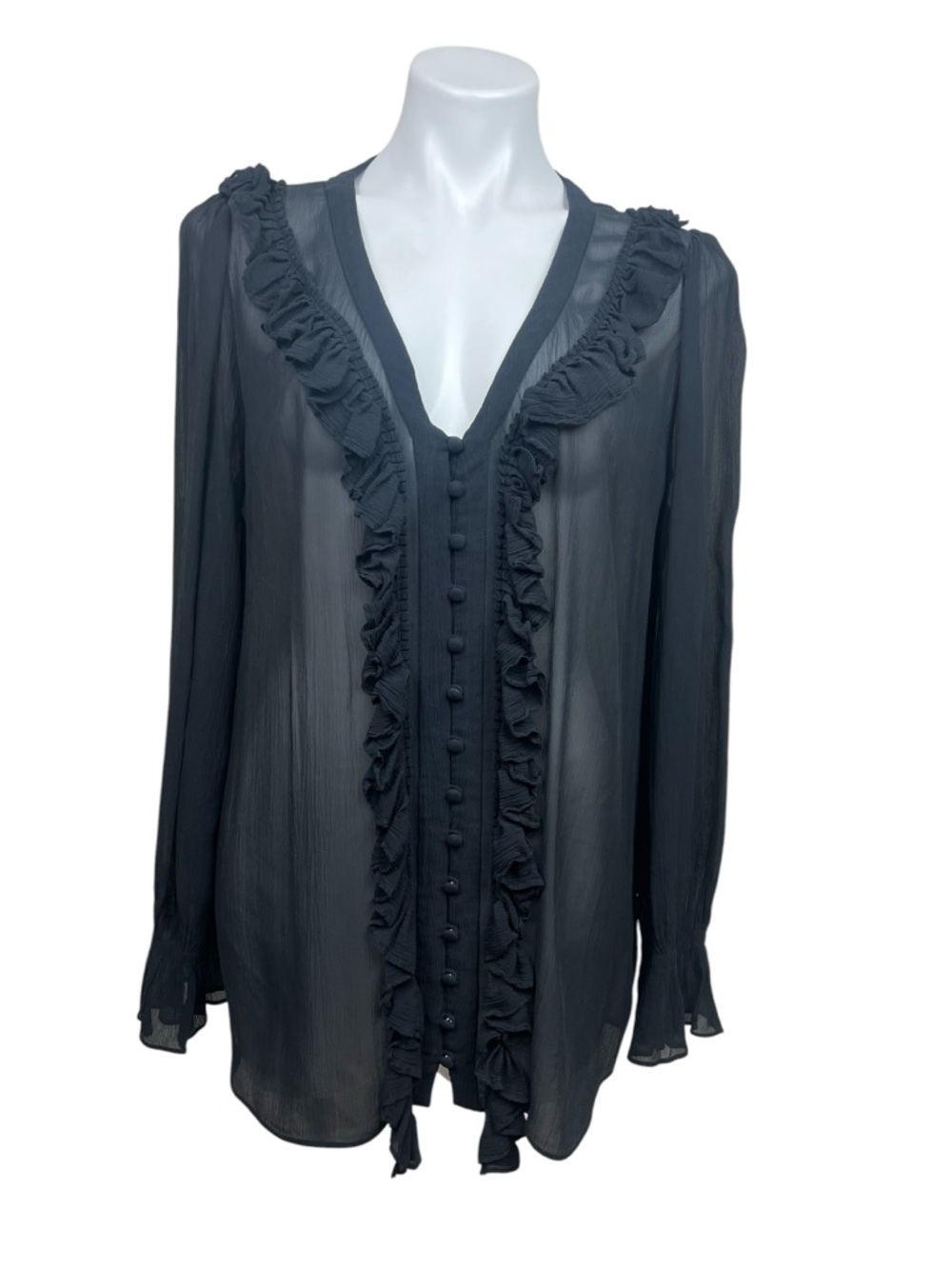 FRAME S Sheer Ruffle Button Up Blouse Long Sleeve Black Silk Women’s